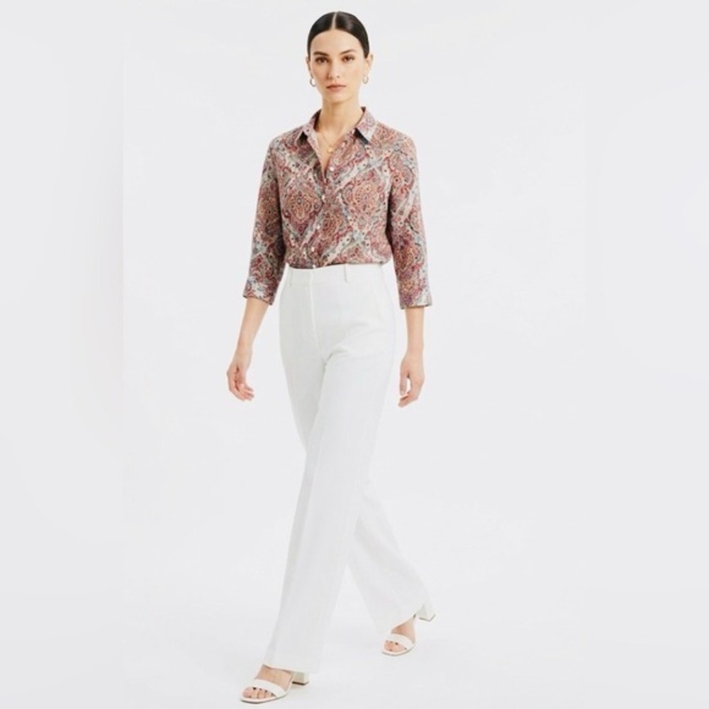 Talbots Womens 100% Linen No Iron Paisley 3/4 Sleeve Button Down Shirt Top